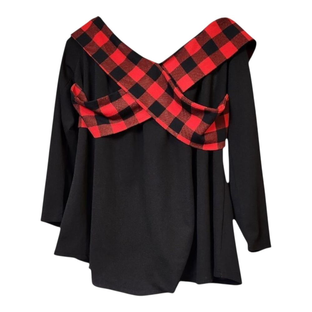 Rosegal Size 2X Black Blouse with Red Plaid Detail